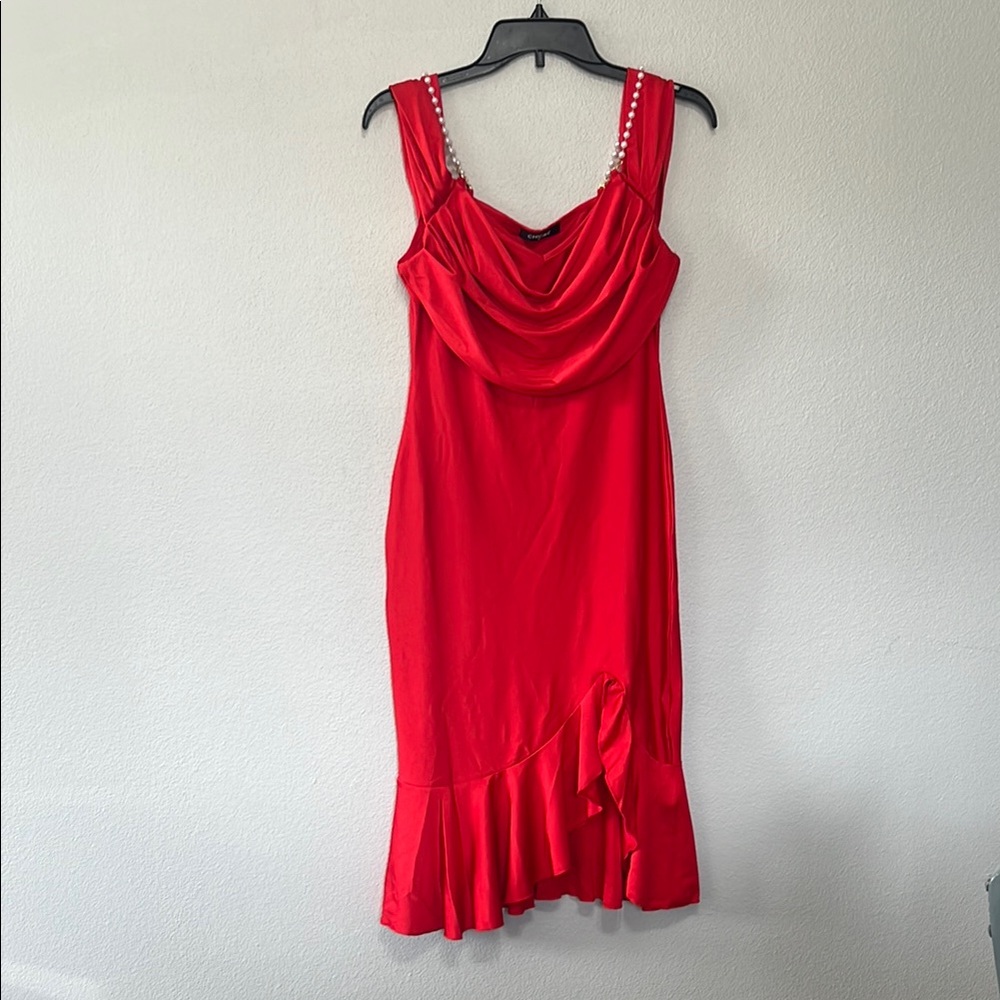 Chicme‎ Women’s Elegant Red Salsa Dance Dress Ruffle Flowy Faux Pearl Accent
